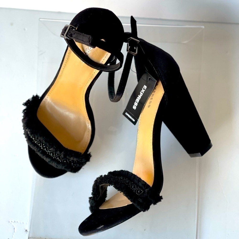 EXPRESS Black Suede Rhinestone Fur Sling Back Sandal Platform Block Heels, Sz 9